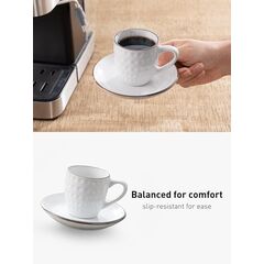 famiware Espresso Cups and Saucers Set of 4, 3 oz Ceramic Small Coffee Mug with Handle, Embossed Stoneware Demitasse Cup for Tea, Latte - Microwave & Dishwasher Safe - White Circle