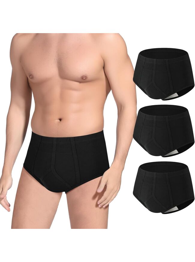 Incontinence Underwear for Men 3 Pack Washable Mens Incontinence Briefs with Front Absorbent Area Leak Proof Underwear for Men Reusable Urinary Incontinence Underwear (Black, 2XL)