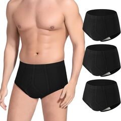 Incontinence Underwear for Men 3 Pack Washable Mens Incontinence Briefs with Front Absorbent Area Leak Proof Underwear for Men Reusable Urinary Incontinence Underwear (Black, 2XL)