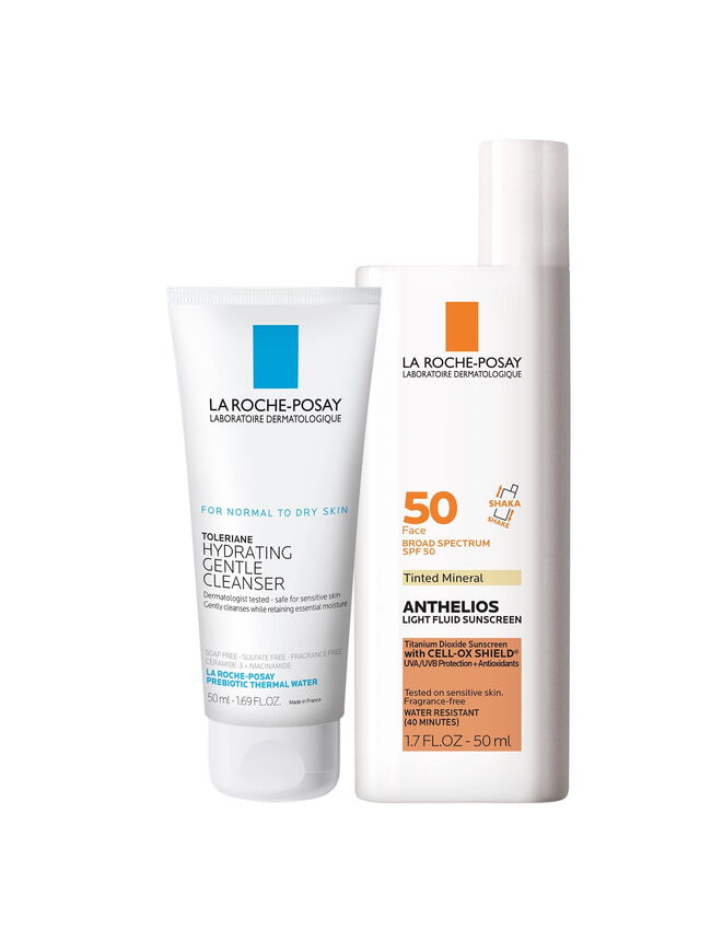 La Roche-Posay Anthelios Tinted SPF 50 Sunscreen & Toleriane Gentle Cleanser Travel Set - With Titanium Dioxide & Niacinamide