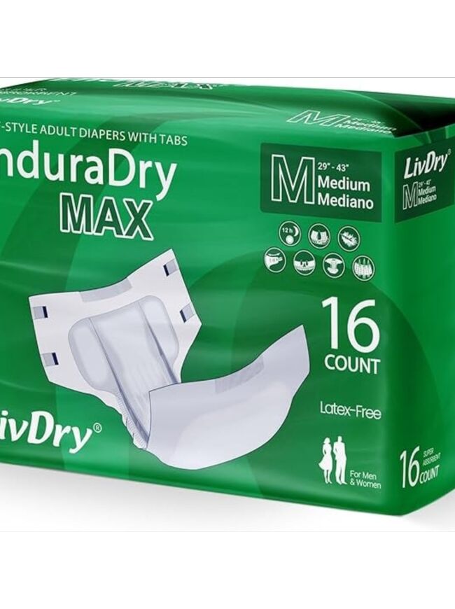 LivDry EnduraDry Max Adult Diapers with Tabs, Up to 12-Hours, Super Absorbent Incontinence Underwear, Leak Protection Briefs, Medium, 16-Pack