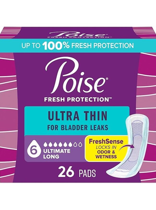 Poise Ultra Thin Incontinence Pads & Postpartum Pads for Bladder Leaks, 6 Drop Ultimate Absorbency, Long Length, 26 Count, Packaging May Vary