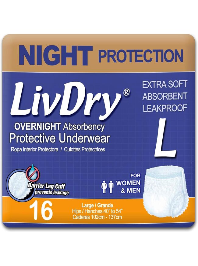 LivDry Overnight Adult Diapers for Women and Men, Max Protection Incontinence Underwear (Large, 16-Pack)
