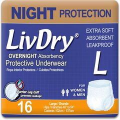 LivDry Overnight Adult Diapers for Women and Men, Max Protection Incontinence Underwear (Large, 16-Pack)
