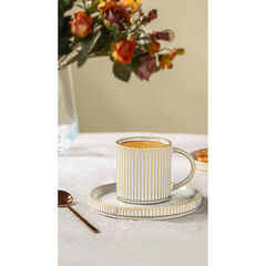 famiware Star Espresso Cups and Saucers Set of 4, [ Mini ] 3 oz Ceramic Small Coffee Mug with Handle, Ribbed Stoneware Demitasse Cup for Tea, Latte - Microwave & Dishwasher Safe - Cappuccino White