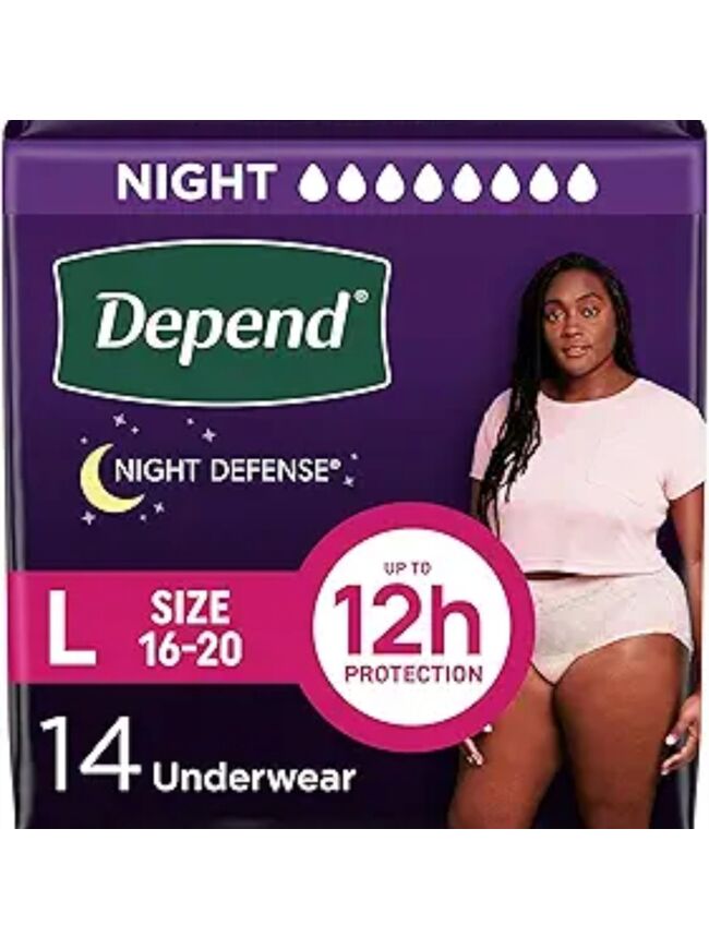 Depend Night Defense Adult Diapers, Incontinence & Postpartum Bladder Leak Underwear for Women, Disposable, Overnight, Large, Blush, 14 Count, Packaging May Vary