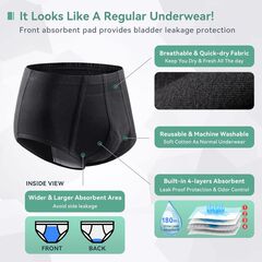 Incontinence Underwear for Men 3 Pack Washable Mens Incontinence Briefs with Front Absorbent Area Leak Proof Underwear for Men Reusable Urinary Incontinence Underwear (Black, 2XL)