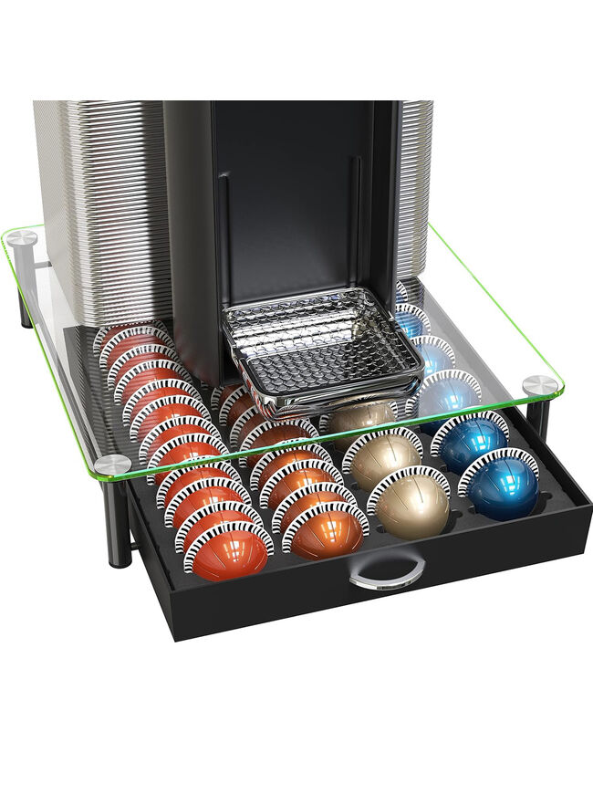DecoBrothers Crystal Tempered Glass Vertuo Pod Holder Drawer, 24 Large or 48 Small Nespresso Capsule Organizer