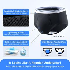 Carer Mens Incontinence Underwear Washable 3 Pack Cotton Reusable Incontinence Boxers Briefs for Men Built in Cotton Pad for Bladder Leakage 150ML, 4X-Large