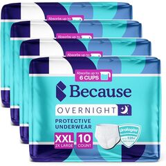 Because Overnight Absorbency Pull Ups - Adult Disposable Incontinence Underwear, Extra Absorbent Nighttime Briefs for Men and Women, White, XXLarge, 40 Count (4 Packs of 10)