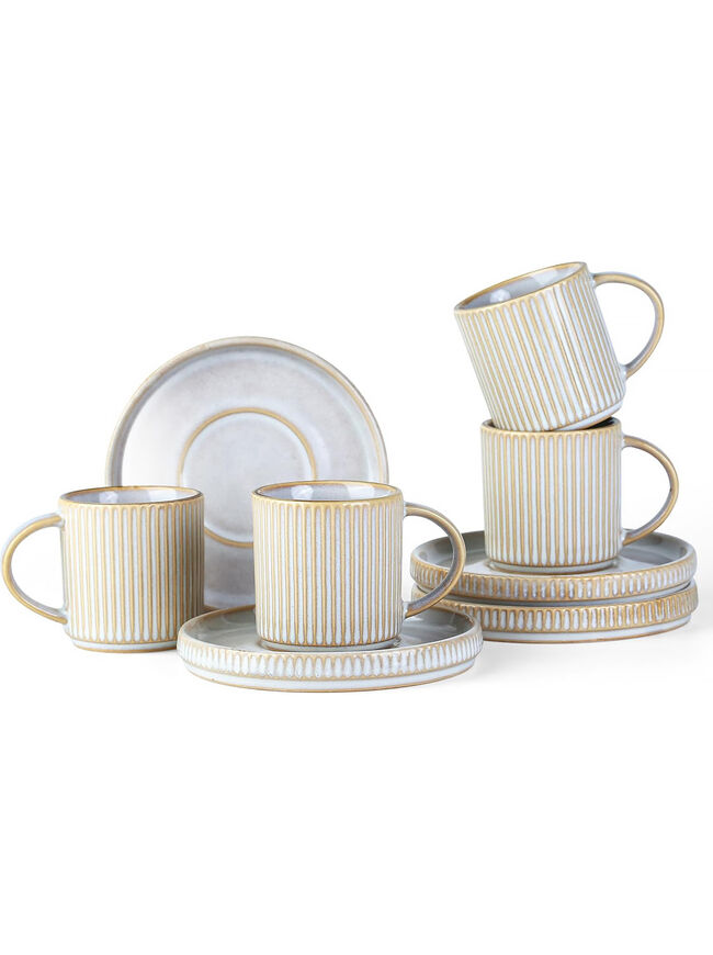famiware Star Espresso Cups and Saucers Set of 4, [ Mini ] 3 oz Ceramic Small Coffee Mug with Handle, Ribbed Stoneware Demitasse Cup for Tea, Latte - Microwave & Dishwasher Safe - Cappuccino White