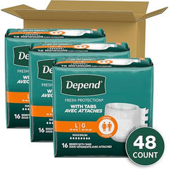 Depend Incontinence Protection with Tabs, Unisex, Large (35–49" Waist, over 170 lbs), Maximum Absorbency, 48 Count (3 Packs of 16)