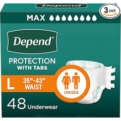 Depend Incontinence Protection with Tabs, Unisex, Large (35–49" Waist, over 170 lbs), Maximum Absorbency, 48 Count (3 Packs of 16)