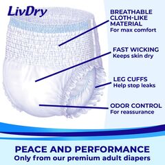 LivDry Overnight Adult Diapers for Women and Men, Max Protection Incontinence Underwear (Large, 16-Pack)