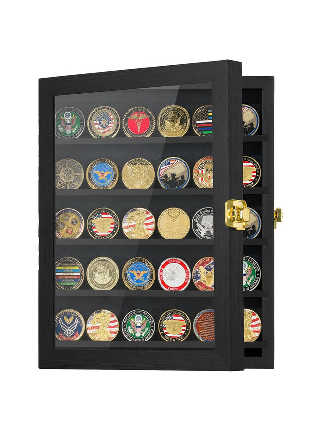 Military Challenge Coin Display Case 11x14IN, Medal Shadow Box with HD Acrylic Glass, Removable 2 Groove Shelves, Wall Mount Coin Collection Holder for Casino Poker Chips Exquisite Souvenirs