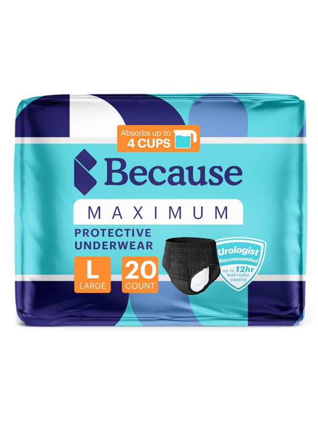 Because Premium Maximum Absorbency Adult Incontinence and Postpartum Bladder Leak Underwear for Women, Heavy Absorbency, Disposable, Black, Large, 20 Count