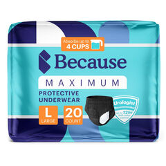 Because Premium Maximum Absorbency Adult Incontinence and Postpartum Bladder Leak Underwear for Women, Heavy Absorbency, Disposable, Black, Large, 20 Count