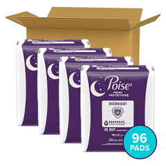 Poise Overnight Incontinence & Postpartum Pads for Bladder Leaks, 8 Drop Extra Coverage, 96 Count, Packaging May Vary