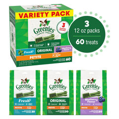 Greenies Petite Dental Dog Treats, 3-Flavor Variety Pack, (3) 12 oz. Pouches, 60 Total Treats