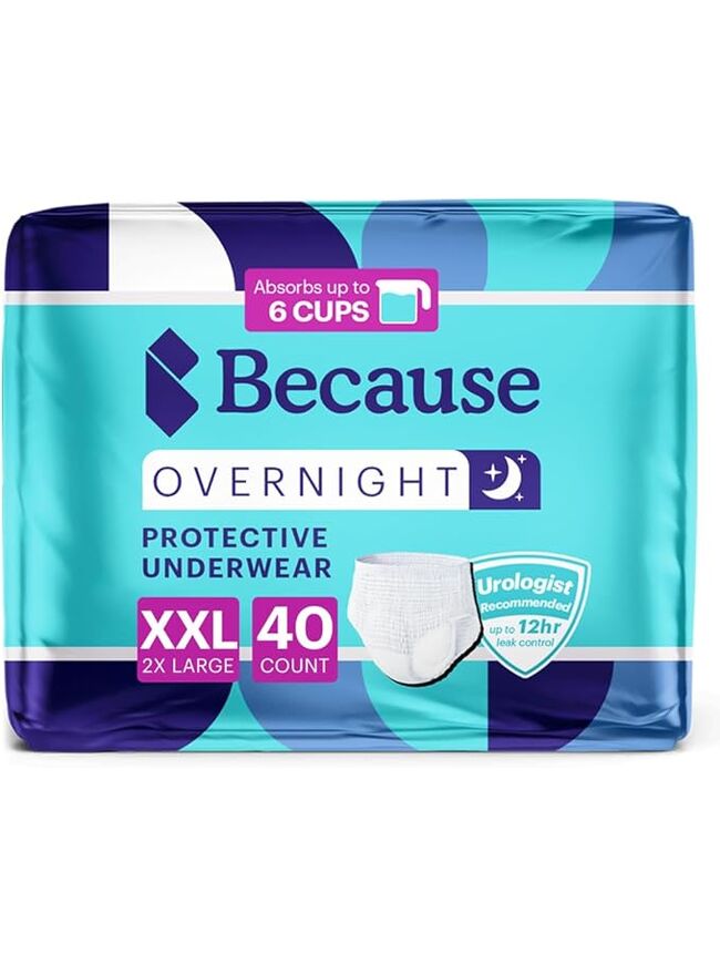 Because Overnight Absorbency Pull Ups - Adult Disposable Incontinence Underwear, Extra Absorbent Nighttime Briefs for Men and Women, White, XXLarge, 40 Count (4 Packs of 10)