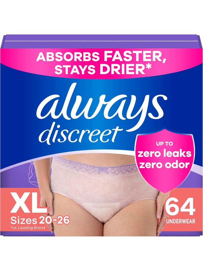 Always Discreet Adult Incontinence Underwear for Women and Postpartum Underwear, XL, Up to 100% Bladder Leak Protection, 64 Count (Packaging May Vary)