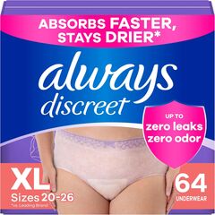 Always Discreet Adult Incontinence Underwear for Women and Postpartum Underwear, XL, Up to 100% Bladder Leak Protection, 64 Count (Packaging May Vary)