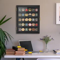 Military Challenge Coin Display Case 11x14IN, Medal Shadow Box with HD Acrylic Glass, Removable 2 Groove Shelves, Wall Mount Coin Collection Holder for Casino Poker Chips Exquisite Souvenirs