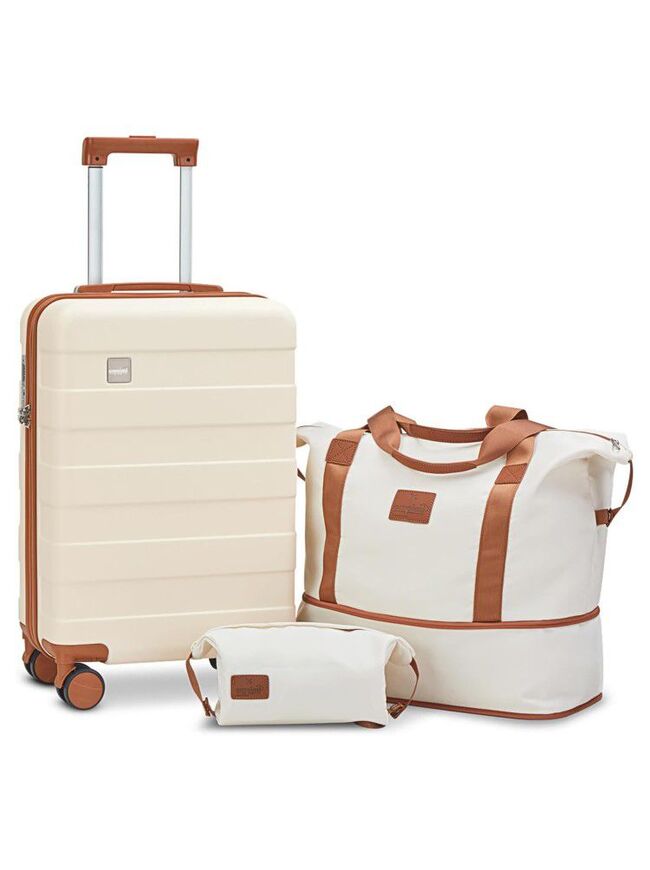 imiomo 3 Piece Luggage Set - 20 Inch Hardside Carry-on Suitcase, Travel Bag, and Toiletry Bag - Beige