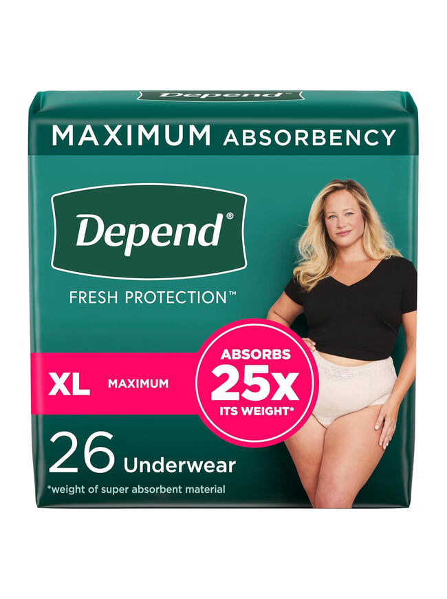 Depend Fresh Protection Adult Incontinence & Postpartum Bladder Leak Underwear for Women, Disposable, Maximum, Extra-Large, Blush, 26 Count, Packaging May Vary