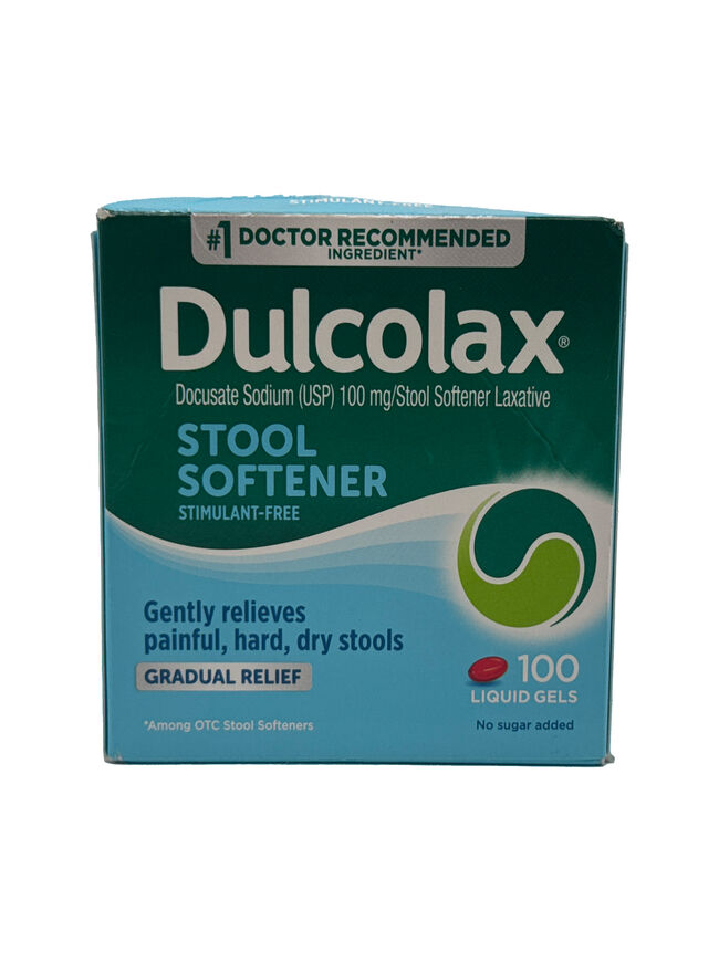 Dulcolax Stool Softener Laxative Liquid Gel Capsules, Docusate Sodium 100 mg, 100 Count Exp 04/2027
