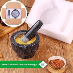Mortar and Pestle Set Polished Natural Marble Guacamole Molcajete Bowl, Spices Grinder with Silicone Pad, Stainless Steel Spoon and Brush, 300ml Capacity Crusher(Medium, Dark Gray)