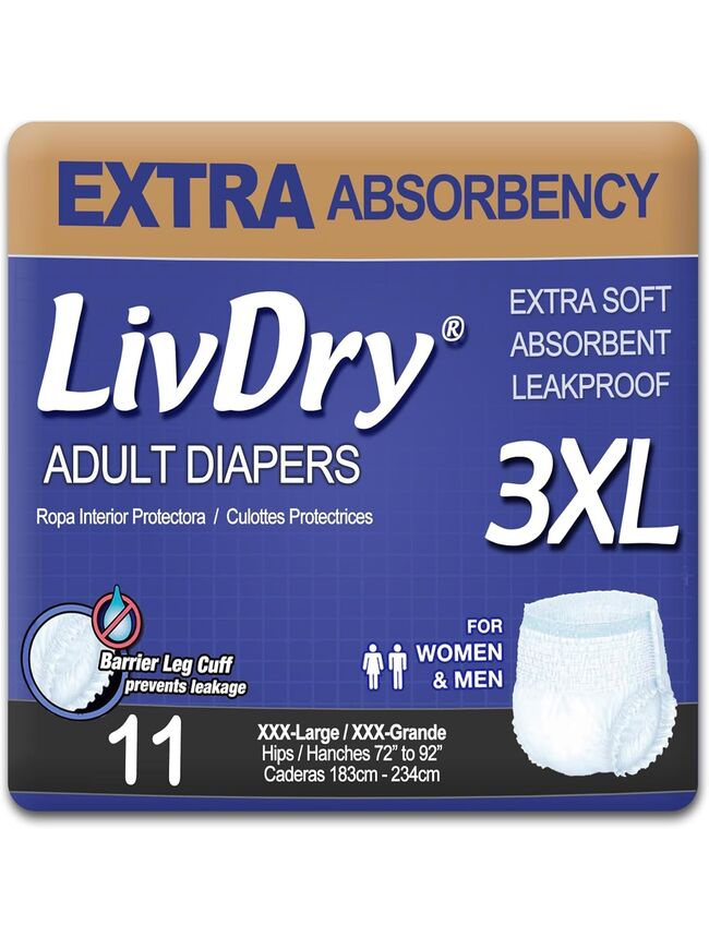 LivDry 3XL Adult Diapers for Women and Men, Leak Guard Incontinence Underwear, Extra Absorbing (XXX-Large, 11-Pack)