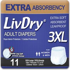 LivDry 3XL Adult Diapers for Women and Men, Leak Guard Incontinence Underwear, Extra Absorbing (XXX-Large, 11-Pack)