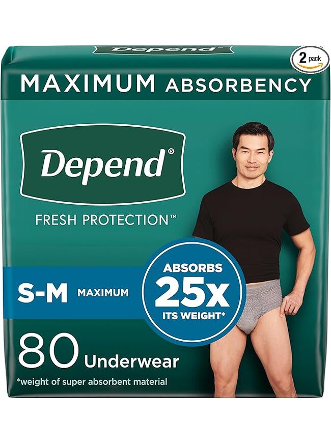Depend Fresh Protection Adult Incontinence Underwear for Men, Disposable, Maximum, Small/Medium, Grey, 80 Count (2 Packs of 40), Packaging May Vary