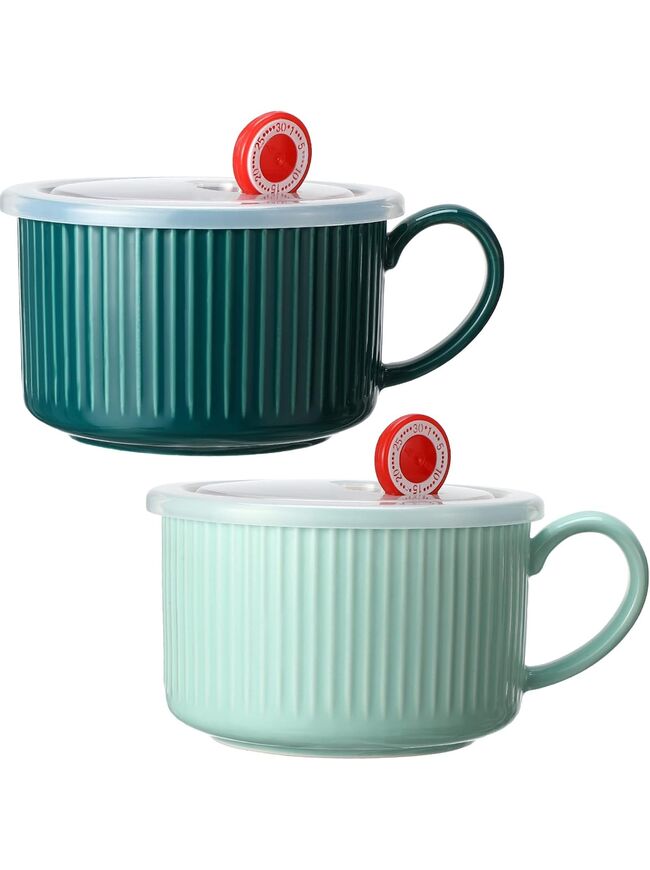 Nuenen 2 Pcs Soup Bowls with Lids and Handles 30 oz Microwave Safe Ceramic Soup Mug Microwavable Ramen Containers with Lids Large Colorful Cups for Noodle Cereal kitchen(Blue, Dark Green)