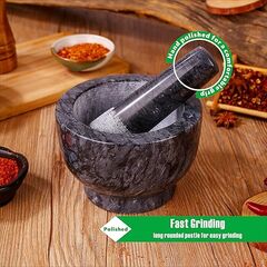 Mortar and Pestle Set Polished Natural Marble Guacamole Molcajete Bowl, Spices Grinder with Silicone Pad, Stainless Steel Spoon and Brush, 300ml Capacity Crusher(Medium, Dark Gray)