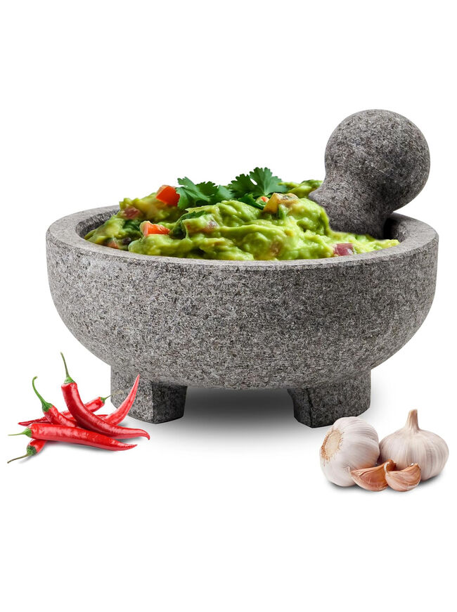 Mortar and Pestle Set, 4 Cup Natural Unpolished Granite Molcajete Mexicano, 8-in Extra Large Guacamole Bowl, Motar Pestel Stone Grinder for Guacamole, Salsa, Spices, Herbs, Seasonings