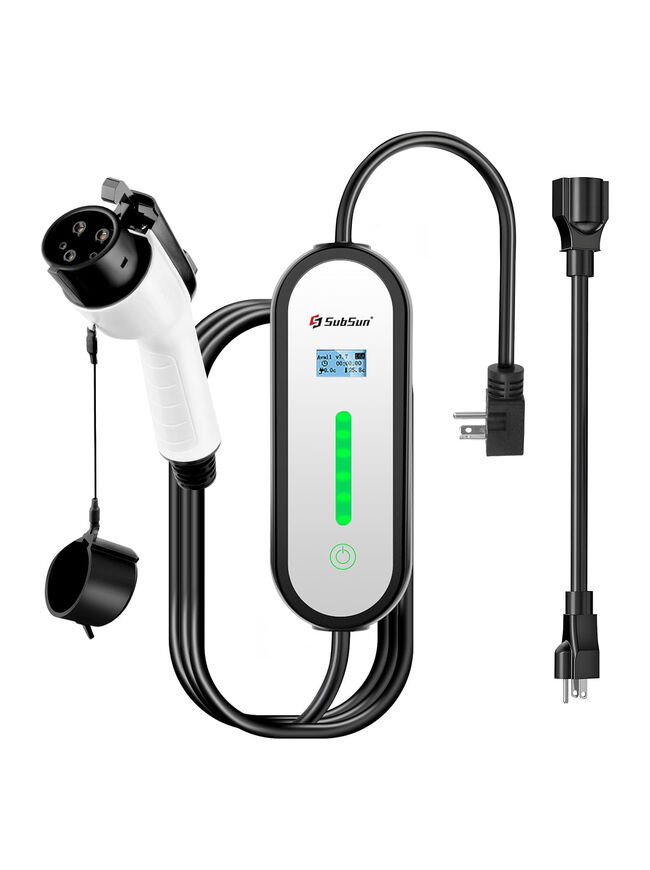 SubSun Level 1 Level2 EV Charger 16 Amp 110-240 V,17 ft Cable, Portable Electric Vehicle Charger with NEMA5-15P & 6-20 Plug Compatible for SAE J1772 EV Cars for Home and Outdoor (White)
