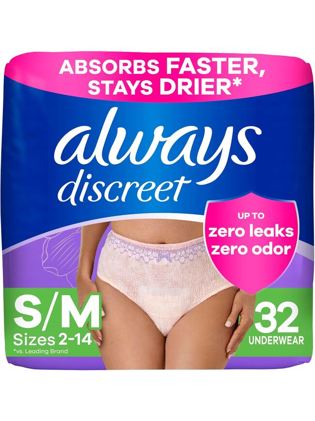Always Discreet Incontinence & Postpartum Incontinence Underwear for Women, Small/Medium, Maximum Protection, 32 Count