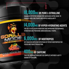 Gorilla Mind Pre Workout - Massive Pumps Laser Focus Energy Power - L-Citrulline, Creatine, L-Tyrosine, Betaine, Hydroprime, Alpha-GPC, 400mg Caffeine, Huperzine A 816g (Strawberry Kiwi)