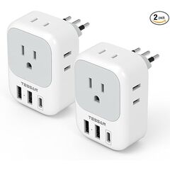 Italy Travel Plug Adapter 2 Pack, TESSAN Italy Power Adaptor with 4 Outlets 3 USB Charger (1 USB C Port), Type L Adapter for US to Chile Ethiopia Libya Syria Tunisia Uruguay