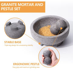 Mortar and Pestle Set, 4 Cup Natural Unpolished Granite Molcajete Mexicano, 8-in Extra Large Guacamole Bowl, Motar Pestel Stone Grinder for Guacamole, Salsa, Spices, Herbs, Seasonings