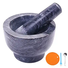 Mortar and Pestle Set Polished Natural Marble Guacamole Molcajete Bowl, Spices Grinder with Silicone Pad, Stainless Steel Spoon and Brush, 300ml Capacity Crusher(Medium, Dark Gray)