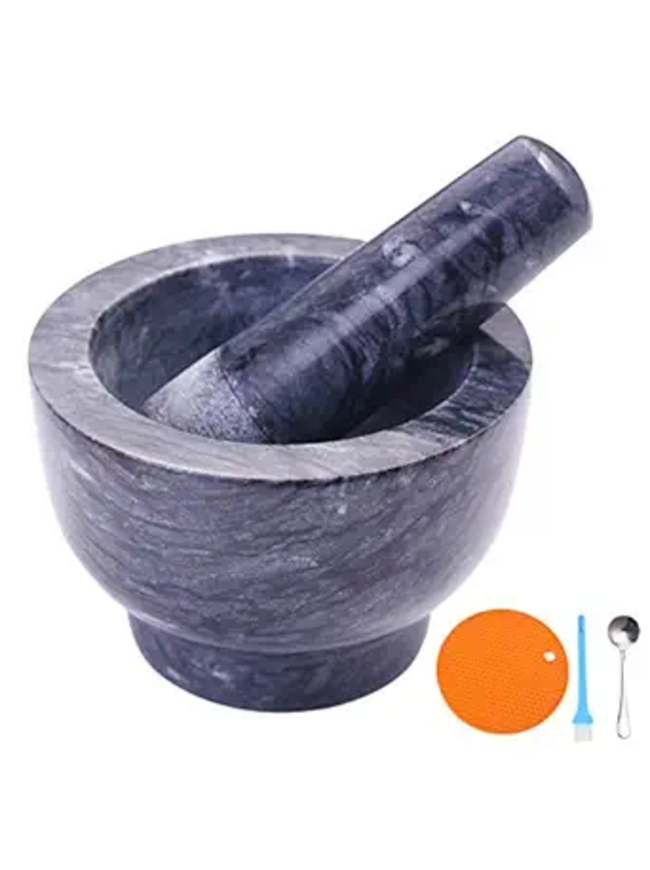 Mortar and Pestle Set Polished Natural Marble Guacamole Molcajete Bowl, Spices Grinder with Silicone Pad, Stainless Steel Spoon and Brush, 300ml Capacity Crusher(Medium, Dark Gray)