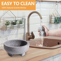 Mortar and Pestle Set, 4 Cup Natural Unpolished Granite Molcajete Mexicano, 8-in Extra Large Guacamole Bowl, Motar Pestel Stone Grinder for Guacamole, Salsa, Spices, Herbs, Seasonings