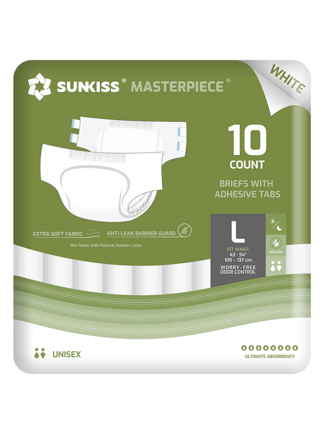 SUNKISS Masterpiece Adult Diapers with Tabs, Unisex Disposable Incontinence Briefs for Women and Men, Odor Control, White,Large/XLarge 10 Count