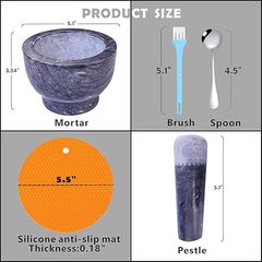 Mortar and Pestle Set Polished Natural Marble Guacamole Molcajete Bowl, Spices Grinder with Silicone Pad, Stainless Steel Spoon and Brush, 300ml Capacity Crusher(Medium, Dark Gray)
