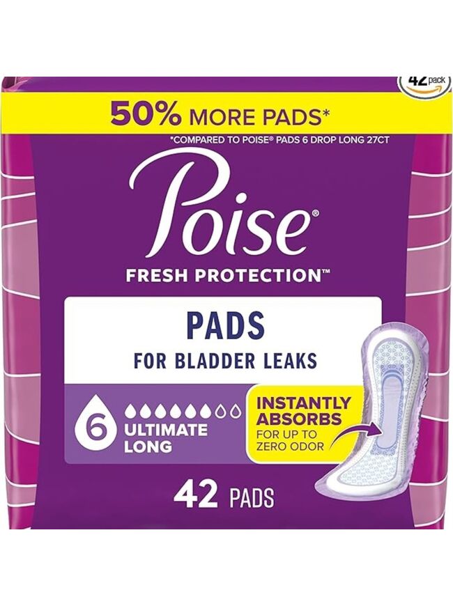 Poise Incontinence Pads & Postpartum Incontinence Pads, 6 Drop Ultimate Absorbency, Long Length, 42 Count, Packaging May Vary