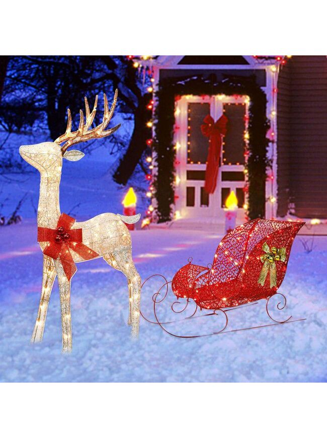 Zcaukya Christmas Outdoor Yard Decoration, 4 ft Tall, 120 LEDs, Pre-lit 3D Reindeer & Sleigh