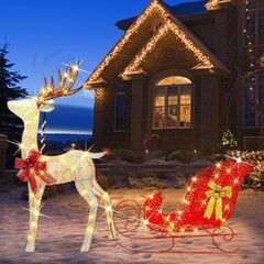 Zcaukya Christmas Outdoor Yard Decoration, 4 ft Tall, 120 LEDs, Pre-lit 3D Reindeer & Sleigh